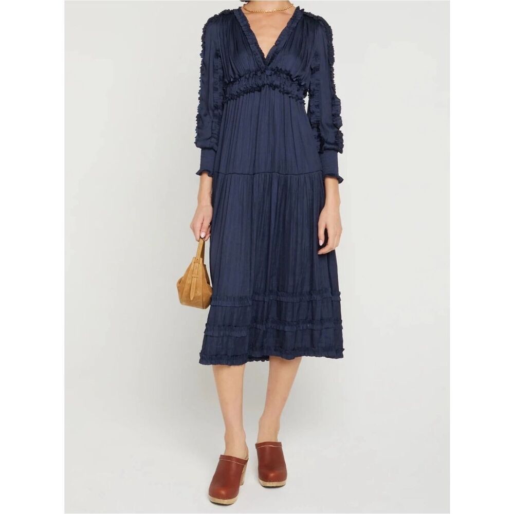O.P.T. By Few Moda  Tianna Midi Dress S Blue Pleated Ruffle Tiered NWT